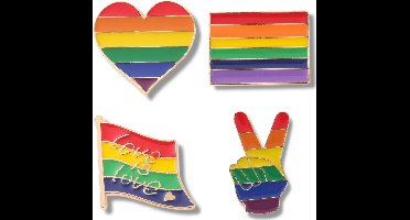 Regenboog Pride Pins – Set van 4 | Inclusief Regenbooghart, Regenboogvlag, Love-is-Love Vlag & Peace-Hand