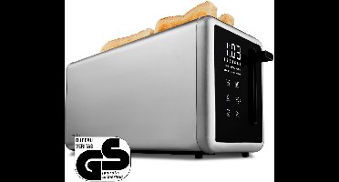 MEDION Broodrooster voor 4 sneetjes met broodjesopzet (7 bruiningsniveaus, 5 programma’s, 1.450 W, 2 lange sleuven, ontdooien, opwarmen, kruimellade, mat RVS, MD12103) zilver