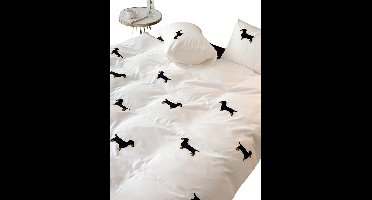 3-Delige Dekbedovertrekset (1+2): Modern Geborduurd Hondenmotief - Wit - 220x240cm