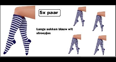 5x Paar Lange sokken blauw/wit streepjes mt. 36-42 - Themafeest party carnaval festival thema feest