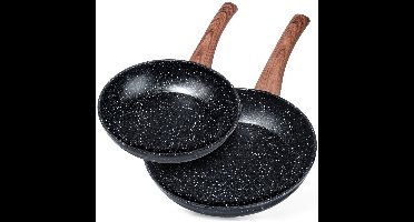 Koekenpan Set Graniet BLACK&WOOD 20 / 26 cm 2 stuks - Koekenpannen - Braadpannen - Koekenpannenset - Multifunctionele Pan voor Vlees - Groenten
