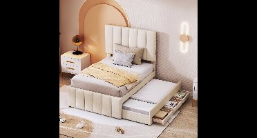 Polsterbed 90x200 cm - Lattenbodem 12 latten - 3 opberglades - Uitschuifbaar - Hypoallergene linnen stof - In hoogte verstelbaar hoofdbord - Klassiek stabiel design Beige