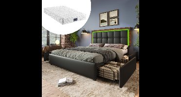 Tweepersoonsbed 140x200cm - Zwart PU-leer - 620-veren matras - Verstelbaar hoofdeinde - LED-verlichting met afstandsbediening - 4 opberglades - OEKO-TEX allergeenvrij