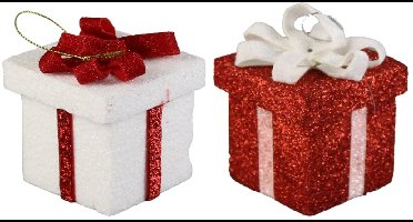 Daily Style – Hangdeco cadeautje glitter rood & wit (2st) – Rood – Wit – (2st) – 2 stuks