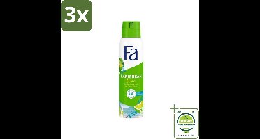 3 x Fa Deodorant Spray Lime Squeeze 150 ml - Grootverpakking - Deodorant Spray - Fa Caribbean Wave - Citroen Deodorant - Langdurige Bescherming - Frisse Geur