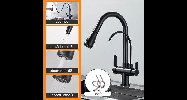 Keukenkraan - Met Uittrekbare Uitloop - Twee Handgrepen - voor Koud - Warm Water - Vuistdouche - Drinkwater - en Keukenmixers - Matte Black
