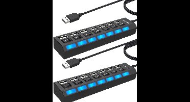 2 stuks 7-poorts USB-hubs - Draagbaar - USB 2.0-hubs - Met aparte LED-aan/uit-schakelaar - Computeraccessoires - Geschikt voor laptops, pc's, MacBooks en andere USB-apparaten