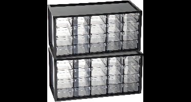 Plasticforte Sorteerbakjes spijkers/schroeven - 2x - 20 lades - 16 x 38 x 20 cm - opbergkastjes - ophangbaar - zwart/transparant