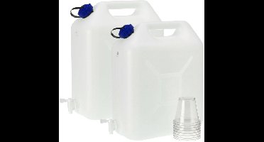 Plasticforte grote water Jerrycan - 2x - 21 liter - Kunststof - met kraantje en dop - Water reservoir - camping - 41 x 17 x 44 cm
