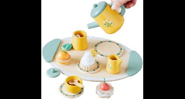 Speelkeukenaccessoires - Theeservies - Houten theeset voor kinderen - Theefeestje met suikerklontjes en dessert voor meisjes en jongens