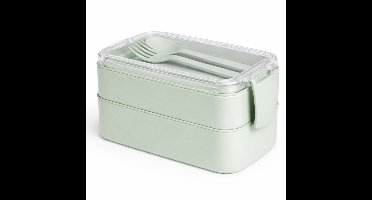 HEM Lunchbox met Bestek – Groen – 2 Laags Bento Box – 19 x 10 x 9 cm – Inclusief Lepel en Vork – Lekvrij – BPA Vrij