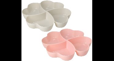 Snackschaal / serveerschaal bloem - set 2x - met vakverdeling - roze / wit - kunststof - D32 cm - Serveerschalen