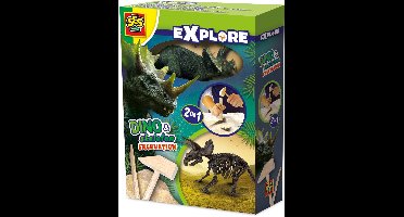 SES Creative - Explore - Dino en Skelet Opgraven 2 in 1 - Triceratops - Bikblok met Skelet - Complete set met Houten Hamer en Beitel - Dinosaurus Speelgoed