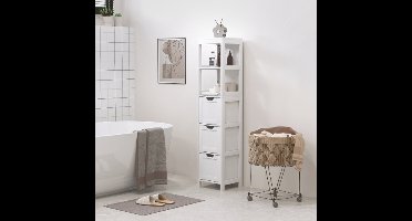 Badkamerkast badkamermeubel, hoge badkamerkast met 3 laden, 2 open vakken, opbergkast voor badkamer, woonkamer, wit, 30 x 30 x 142,4 cm