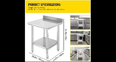 Keukenwerkbank - Keukenwerktafel - Kookeiland - Keukentafel - 24x24x35 inch - 330 LBS - Commerciële Horeca Tafel - Onderblad Roestvrij Staal - voor Restaurant Garage