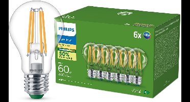 Philips UltraEfficient LED lamp Transparant - 60W - E27 fitting - Warmwit licht; 2700K - Ultra Efficiënt: Energielabel A - 6-pack