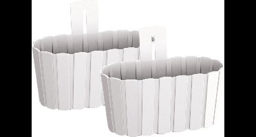 Prosperplast Muur plantenpot/bloempot houtlook - Set van 2x stuks - kunststof - 27 x 15 cm - parel wit - voor binnen/buiten