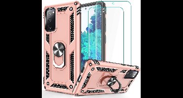 Hoesje Geschikt Voor Samsung Galaxy S20 FE 2022 Hoesje Armor case Ring houder / vinger houder TPU backcover - Rose Goud met 2 pack screenprotector