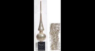 Kerstversiering set - 1x glazen piek glans 26 cm / 2x folieslingers licht parel/champagne