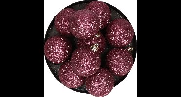 Kerstversiering set glitter kerstballen in het Aubergine roze 6 en 8 cm pakket - 30x stuks