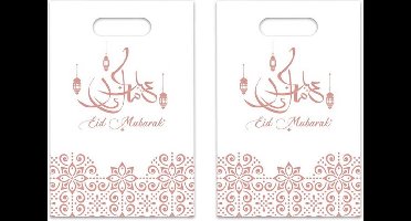 Haza Ramadan Mubarak thema feestzakjes - 12x st - wit/rose goud - 23 x 17 cm - uitdeelzakjes - traktaties zakjes - Suikerfeest/Offerfeest