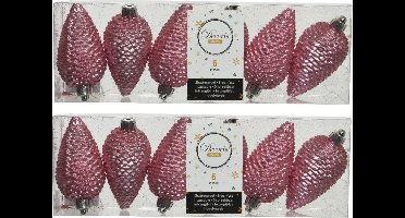 Decoris Kersthangers dennenappels - 18x - lippenstift roze - glitter - 8 cm - kunststof