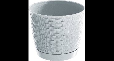 Ronde gevlochten plantenpot/bloempot kunststof dia 22 cm en hoogte 19,5 cm in het parel wit