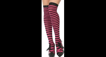 Atosa Carnaval verkleed gestreepte verkleed kousen voor dames - roze/zwart - one size - heksen