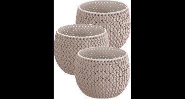 Set van 3x stuks plantenpotten/bloempotten kunststof dia 14.5 cm en hoogte 11 cm in het beige/taupe voor binnen/buiten
