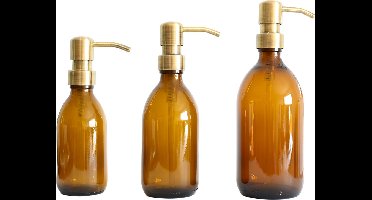 Groeikruid® Zeeppompjes Set voor Keuken, Badkamer en Toilet | Zeepdispensers 200 ml + 300 ml + 500 ml | Vrijstaand en Hervulbaar | Amber Glas met RVS pompkop | Bronsgoud