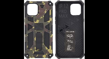 Hoesje Geschikt voor iPhone 12 Pro Max Hoesje - Rugged Extreme Backcover Army Camouflage met Kickstand - Groen