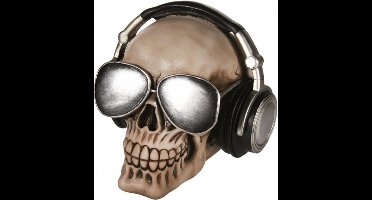 Spaarpot Schedel - met koptelefoon - polyresin - 16 x 12 cm - leren sparen