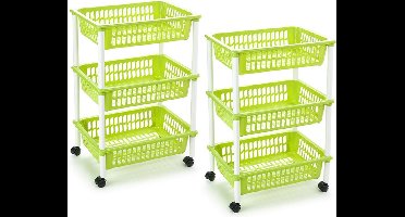 Plasticforte keukentrolley/badkamer trolley - 2x stuks - op wieltjes - 3-laags - lime groen - kunststof - 40 x 30 x 61,5 cm