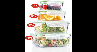 alpina Vershoudbakjes - 8-Delig - met Deksel - Diepvriesbakjes - Oven, Vriezer, Magnetron en Vaatwasser Bestendig - Glas - 370, 640, 1050 en 1520 Milliliter