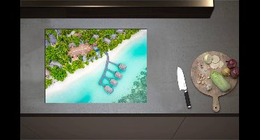 Inductieplaat Beschermer - Bovenaanzicht van Resort met Klassieke Hutjes van de Maledieven - 70x51 cm - 2 mm Dik - Inductie Beschermer - Bescherming Inductiekookplaat - Kookplaat Beschermer van Wit Vinyl