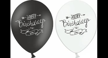 PARTYDECO - 6 zwart wit Happy Birthday ballonen
