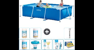 Intex Rechthoekig Frame Zwembad - 300 x 200 x 75 cm - Blauw - Inclusief Chloor - Chloordrijver - Testrips - Reparatiesetje - Scrubborstel - PH-waarde - PH-waarde - Thermometer