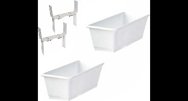 Set van 4 kunststof plantenbakken wit rechthoekig 40 cm met 8 verstelbare balkon/muurbeugels