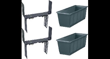 Set van 3 kunststof plantenbak antraciet grijs rechthoekig 40 cm met 6 verstelbare balkon/muurbeugels
