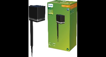 Philips Virona sokkellamp met spies - Solar buitenlamp - Warm wit licht; 2700K - Zwart - Zonne-energie - tuinpadverlichting