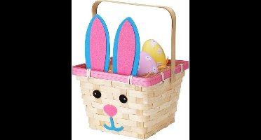 Home & Styling Rieten mandje met hengsel - paashaas thema - 16 x 22 cm - Paaseieren mandje- gevlochten riet