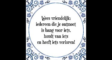 Tegeltje met Spreuk (Tegeltjeswijsheid): Wees vriendelijk; iedereen die je ontmoet is bang voor iets, houdt van iets en heeft iets verloren! + Kado verpakking & Plakhanger