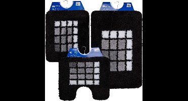 Wicotex - Badmat set - Badmat - Toiletmat - Bidetmat Zwarte rand geblokt - Antislip onderkant - WC mat met uitsparing
