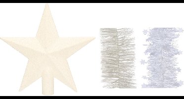 Kerstversiering kunststof glitter ster piek 19 cm en folieslingers pakket winter wit van 3x stuks - Kerstboomversiering