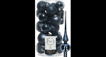 Decoris kerstballen 30x stuks - donkerblauw 4/5/6 cm kunststof mat/glans/glitter mix en shiny glazen piek 26 cm
