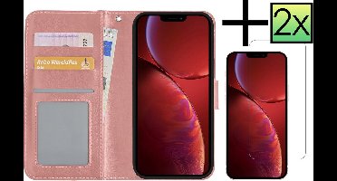 Hoesje - Met 2x Screenprotector - Geschikt voor Apple iPhone 14 Pro Max - Luxe Pasjeshouder - Bookcase Portemonee - Flip Case - Kunstleer Book Case - Flipcase Hoes - Book Cover - Walletcase - Portemonneehoes - Rosé goud