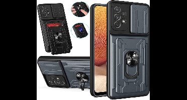 Hoesje Geschikt Voor Samsung Galaxy A22 5G hoesje met kickstand Grijs - Hoesje Geschikt Voor Samsung Galaxy A22 5G camera lens screen protector - hoesje Hoesje Geschikt Voor Samsung Galaxy A22 met pasjeshouder ring case