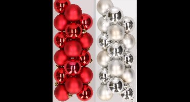 32x stuks kunststof kerstballen mix van rood en zilver 4 cm - Kerstversiering