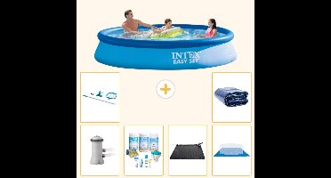 Intex Rond Opblaasbaar Easy Set Zwembad - 366 x 76 cm - Blauw - Inclusief Pomp - Onderhoudspakket - Solar Mat - Grondzeil - Schoonmaakset - Solarzeil - 7-delig
