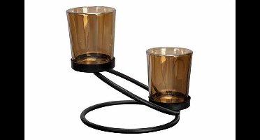 Theelichthouder 2 Glasses Metal Stand Zw Art 14x12xh13,5cm